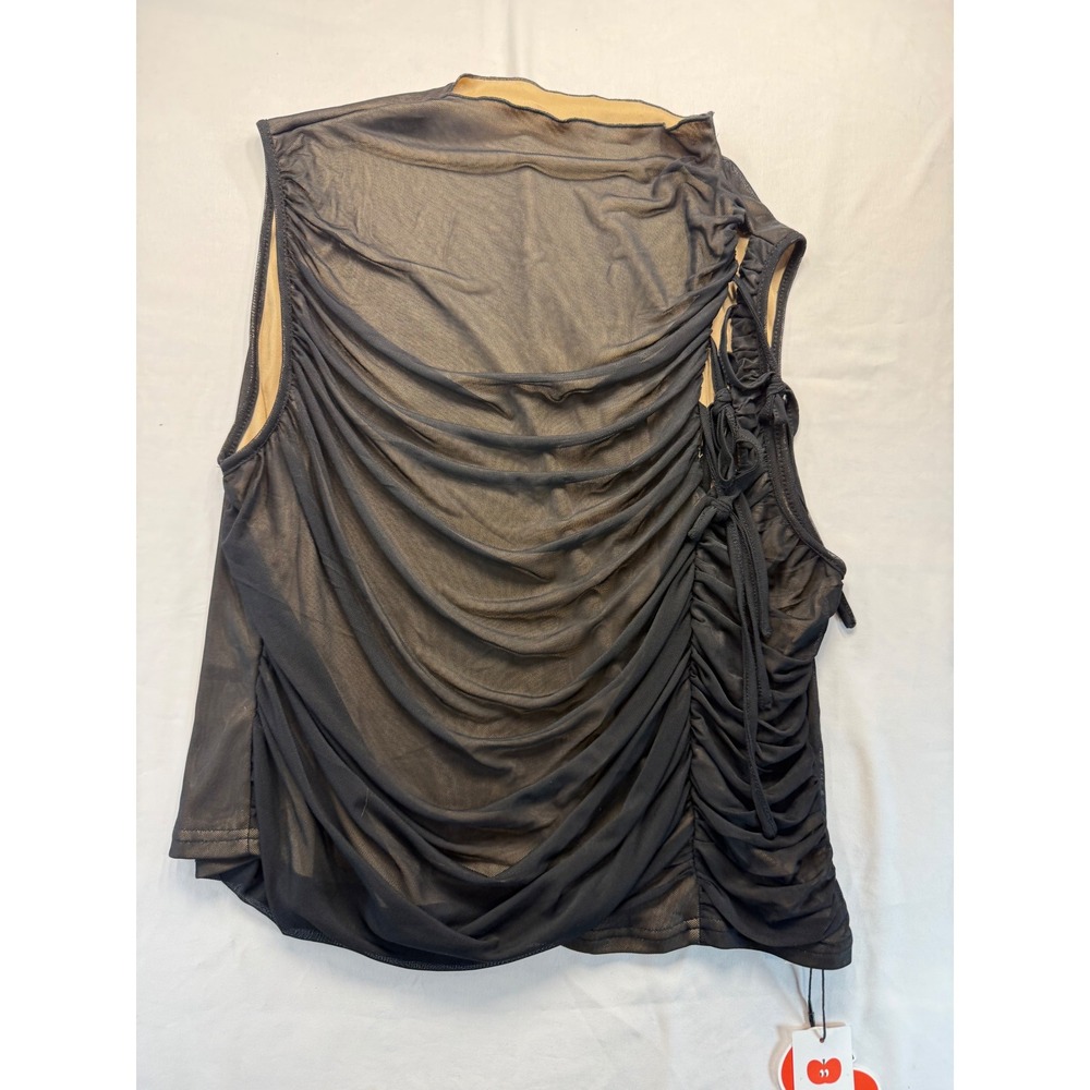 Cider Womens 2XL Black Mesh Ruched Draped Sleeveless Top Side Tie Lined NWT